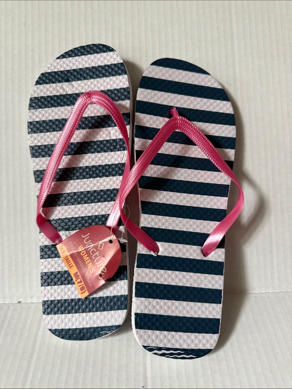 Women’s Striped Flip Flop Slippers with Pink Straps